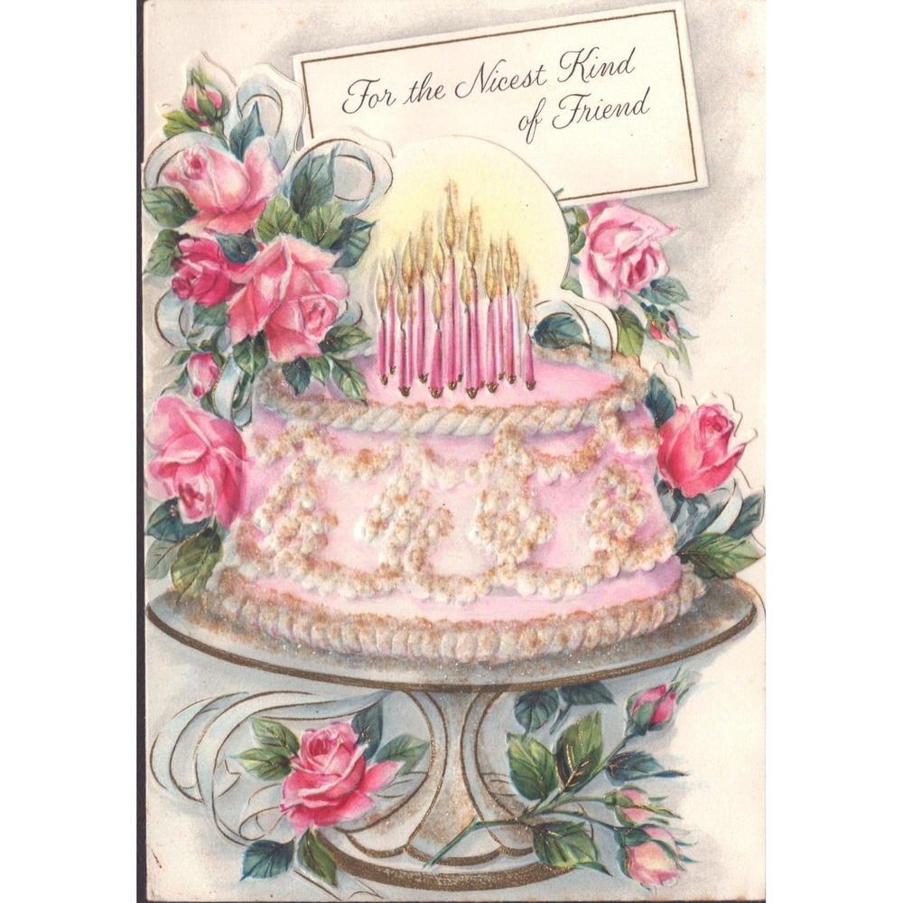Vintage 1950s Hallmark Birthday Greeting Card Pink Cake Roses Germany VG